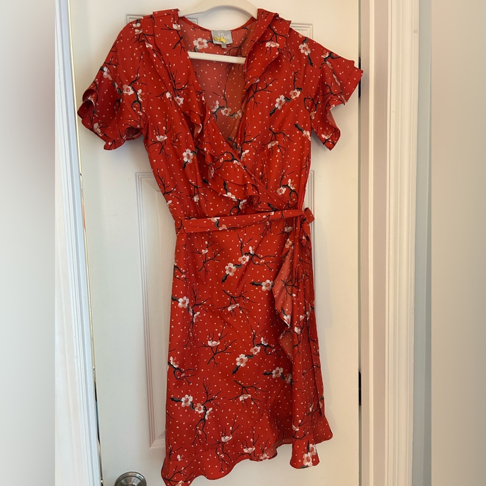 Anthropologie | Karen Walker HI THERE silk faux wrap red cherry blossom